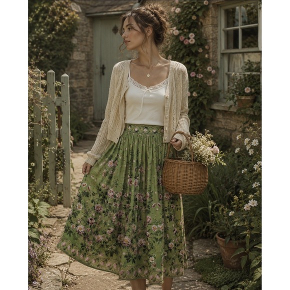 Max Studio Dresses & Skirts - Max Studio Green Floral Midi Skirt women's sz M Cottagecore Prairie Linen Blend